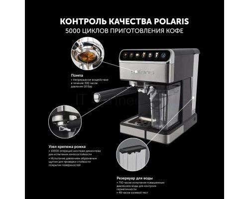 Кофеварка эспрессо Polaris PCM 1540 нержавеющая сталь, исп. кофе - молотый/капсулы, 1.8 л, 1400 Вт, 15 Бар.