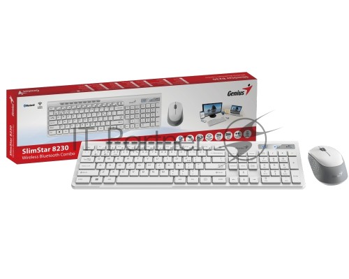 Комплект беспроводной Genius Smart KM-8230 WHITE, клавиатура+мышь, USB, 1 мини-ресивер на оба устройства. Клавиатура: 104 клавиши кнопка SmartGenius, клавиши т