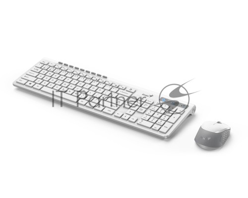 Комплект беспроводной Genius Smart KM-8230 WHITE, клавиатура+мышь, USB, 1 мини-ресивер на оба устройства. Клавиатура: 104 клавиши кнопка SmartGenius, клавиши т