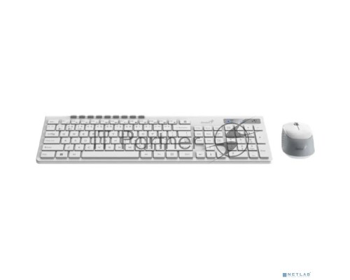 Комплект беспроводной Genius Smart KM-8230 WHITE, клавиатура+мышь, USB, 1 мини-ресивер на оба устройства. Клавиатура: 104 клавиши кнопка SmartGenius, клавиши т