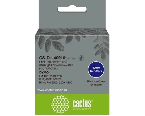 Картридж ленточный Cactus CS-D1-40910 9мм, черный шрифт, прозрачный фон, 7м для DYMO LM 160, 210D, 280, PnP, 420P, 500 TS; Rhino Pro 6000, 5200, 4200