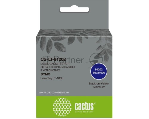 Картридж ленточный Cactus CS-LT-91202 черный шрифт, желтый фон, 12мм, 4м для Dymo Letra Tag LT-100H