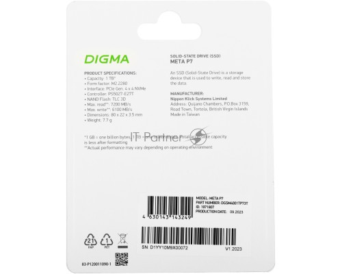 Накопитель SSD Digma PCIe 4.0 x4 1TB DGSM4001TP73T Meta P7 M.2 2280