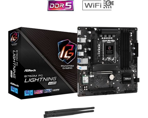 Материнская плата ASRock B760M PG Lightning WiFi, LGA 1700, Intel B760, 4xDDR5, 4xSATA, 3xM.2, 1xPCI-E 5.0 x16, 1xPCI-E 3.0 x4, 1xHDMI, 1xDisplayPort, 1x 2.5Gb LAN, 2xUSB 2.0, 3xUSB 3.2 Gen 1, 3x3.5 мм, 7.1, Micro-ATX