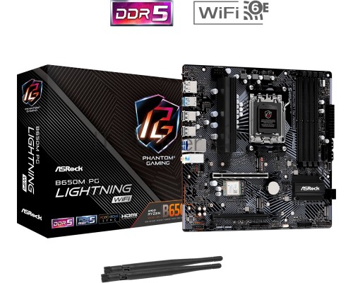 Материнская плата ASRock B650M PG Lightning WiFi, AM5, AMD B650, 4xDDR5, 4xSATA, 3xM.2, 1xPCI-E 3.0 x4, 1xPCI-E 4.0 x16, 1xDisplayPort, 1xHDMI, 1x 2.5Gb LAN, 1xUSB 3.2 Gen 2, 2xUSB-A 3.2 Gen 1, 4xUSB-A 2.0, 1xUSB-C 3.2 Gen 2, 3x3.5 мм, 7.1, Micro-ATX