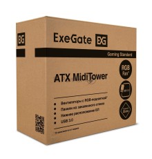 Компьютерный корпус Miditower ExeGate EVO-8225-EVO800 (ATX, БП EVO800RGB с вент. 12см, 2*USB+1*USB3.0, черный, 2 вент. с RGB подсветкой и полоса на передней панели, боковая панель - закаленное стекло)