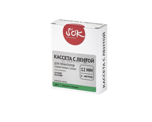 Кассета с лентой S'OK by Sakura Printing K4GBP для Epson , черный на зеленом, 12мм/8м