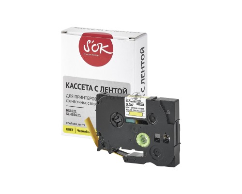 Кассета с лентой S'OK by Sakura Printing HSe-621 для Brother,  черный на желтом, 9мм/1.5м , наклейка