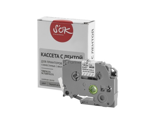 Кассета с лентой S'OK by Sakura Printing TZEFX131 для Brother,  черный на прозрачном, 12мм/8м , наклейка