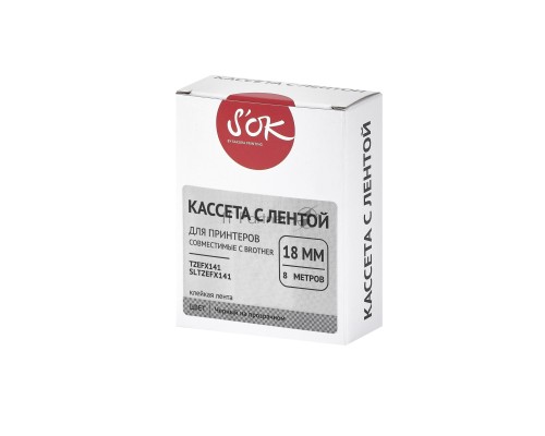 Кассета с лентой S'OK by Sakura Printing TZEFX141 для Brother,  черный на прозрачном, 18мм/8м , наклейка