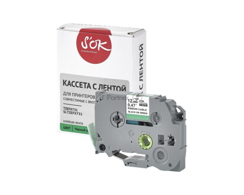 Кассета с лентой S'OK by Sakura Printing TZEFX731 для Brother,  черный на зеленом, 12мм/8м , наклейка