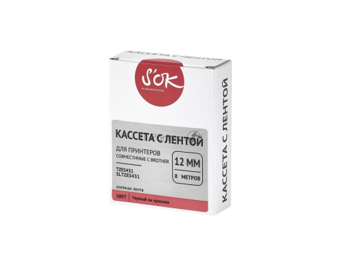 Кассета с лентой S'OK by Sakura Printing TZES431 для Brother,  черный на красном, 12мм/8м , наклейка