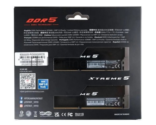 Оперативная память Patriot Viper Xtreme 5 Gaming DDR5 Общий объём памяти 32Гб Module capacity 16Гб Количество 2 7600 МГц Множитель частоты шины 38 1.45 В RGB черный PVX532G76C36K