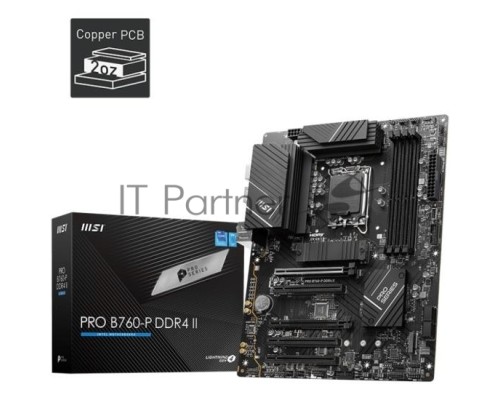 Материнская плата MSI PRO B760-P DDR4 II, LGA 1700, Intel B760, 4xDDR4, 4xSATA, 2xM.2, 1xPCI-E 4.0 x16, 1xPCI-E 4.0 x4, 3xPCI-E 3.0 x1, 1xHDMI, 1xDP, 1x 2.5Gb LAN, 2xUSB-A 2.0, 2xUSB-A 3.2 Gen 1, 1xUSB-C 3.2 Gen 2, 5x3.5 мм, 7.1, ATX
