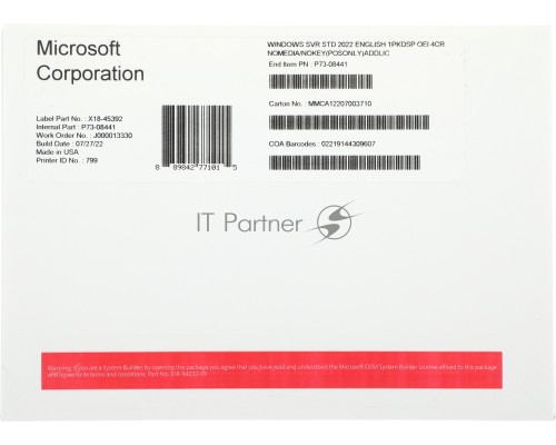 ПО Microsoft Windows Svr Std 2022 Eng 1pkDSP OEI 4Cr NoMedia/NoKey(POSOnly)AddLic (P73-08441)
