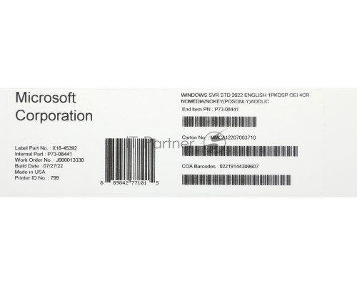 ПО Microsoft Windows Svr Std 2022 Eng 1pkDSP OEI 4Cr NoMedia/NoKey(POSOnly)AddLic (P73-08441)