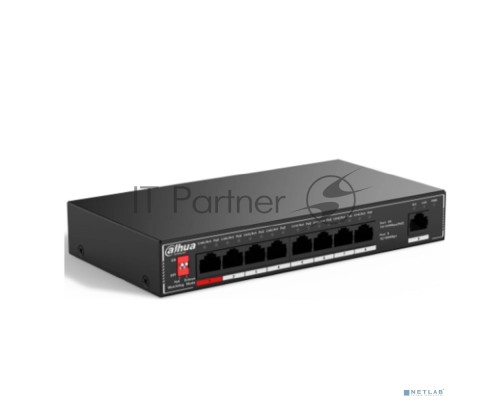 Неуправляемый 9-портовый коммутатор с РоЕ DAHUA DH-SF1009P, 8xRJ45 100Mb PoE, 1xRJ45 100Mb uplink, суммарно 96Вт, коммутация 1.8 Гбит/с, MAC-таблица 2K, металл