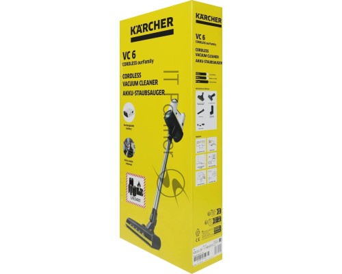 Пылесос вертикальный/ручной Karcher VC 6 Cordless ourFamily белый/чёрный, питание от аккумулятора, 250 Вт, уборка сухая, пылесборник 0.8 л, работа от АКБ max - 50 мин