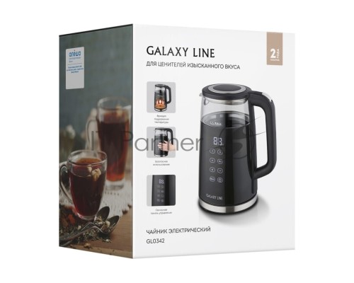 Чайник электрический Galaxy Line GL 0342, черный, стекло, 2200 Вт, 1,7 л, LED-дисплей, сенсорная панель управления