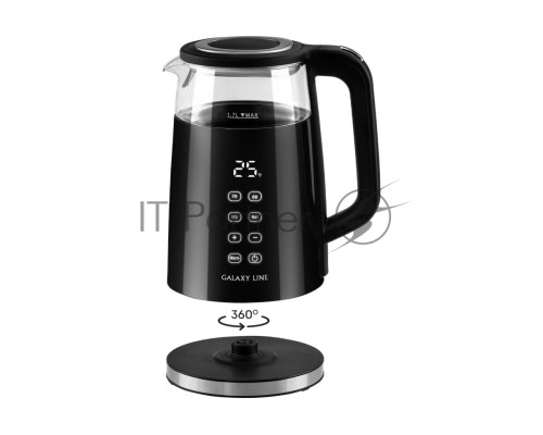Чайник электрический Galaxy Line GL 0342, черный, стекло, 2200 Вт, 1,7 л, LED-дисплей, сенсорная панель управления
