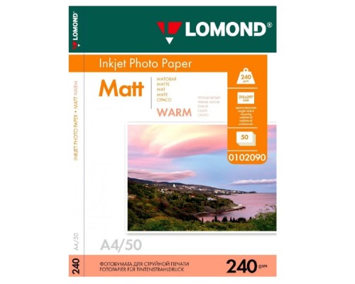 [Бумага] Фотобумага Lomond A4, для струйной печати, 50л, 240г/м2, тепло-белый, покрытие матовое [0102090]