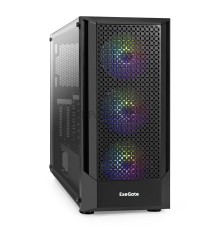 Корпус Miditower ExeGate EVO-8227 (ATX, без БП, 2*USB+1*USB3.0+HD Audio, черный, 3 вент. с RGB подсветкой, боковая панель - закаленное стекло)