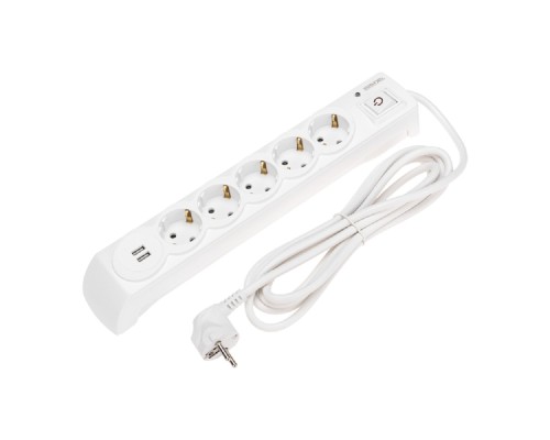 [удлинители] Kranz (13-4700) Фильтр сетевой 5 гнезд, 3м, 3х1,5мм?, с автовыкл, 2 USB, белый