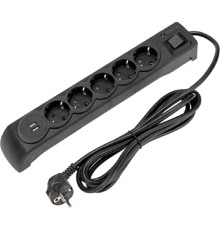 Kranz (13-4702) Фильтр сетевой 5 гнезд, 3м, 3х1,5мм?, с автовыкл, 2 USB, черный