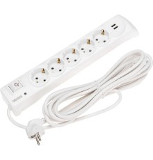 Kranz (13-4701) Фильтр сетевой 5 гнезд, 5м, 3х1,5мм?, с автовыкл, 2 USB, белый