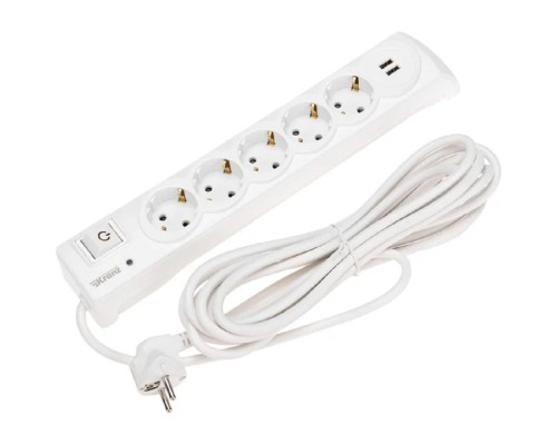 [удлинители] Kranz (13-4701) Фильтр сетевой 5 гнезд, 5м, 3х1,5мм?, с автовыкл, 2 USB, белый