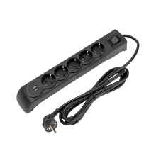 Kranz (13-4703) Фильтр сетевой 5 гнезд, 5м, 3х1,5мм?, с автовыкл, 2 USB, черный