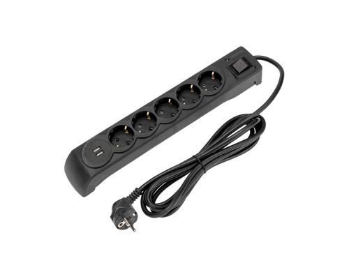 [удлинители] Kranz (13-4703) Фильтр сетевой 5 гнезд, 5м, 3х1,5мм?, с автовыкл, 2 USB, черный