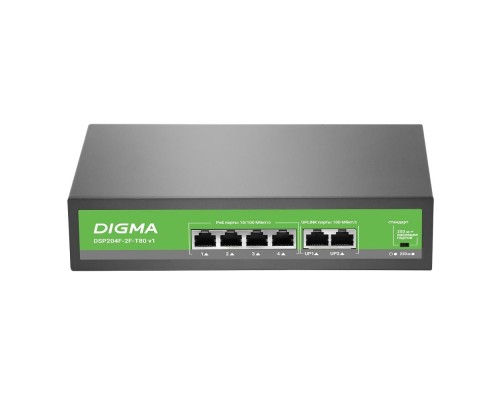 [Сетевое оборудование] Digma DSP204F-2F-T80 Коммутатор DSP204F-2F-T80 V1 (L2) 6х100Мбит/с 4PoE 4PoE+ 80W неуправляемый