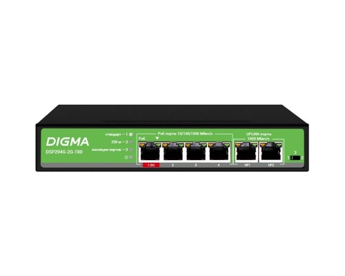 [Сетевое оборудование] Digma DSP204G-2G-T80 Коммутатор (L2) 6х1Гбит/с 4PoE 4PoE+ 1PoE++ 80W неуправляемый