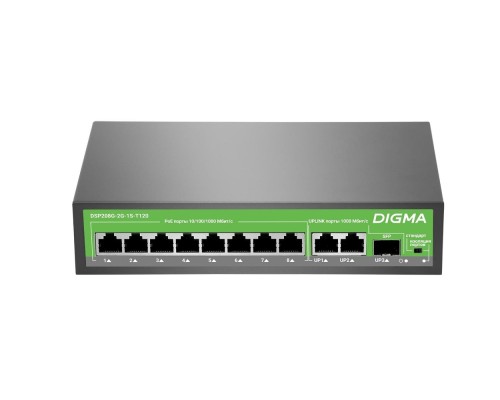 [Сетевое оборудование] Digma DSP208G-2G-1S-T120 Коммутатор (L2) 10х1Гбит/с 1SFP 8PoE 8PoE+ 120W неуправляемый