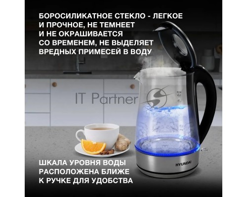 Чайник электрический Hyundai HYK-G8406 1.7л. 2200Вт прозрачный/черный (корпус: нержавеющая сталь)