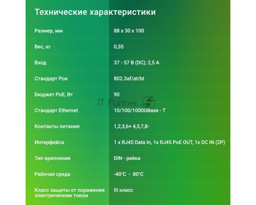 Инжектор PoE Digma DNP90W48GDXM 10/100/1000BASE-T 90Вт 37-57В(DC)