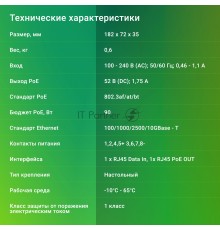 Инжектор PoE Digma DNP90W52GWXM 100/1000/2500/10GBASE-T 90Вт 100-240В(АС)
