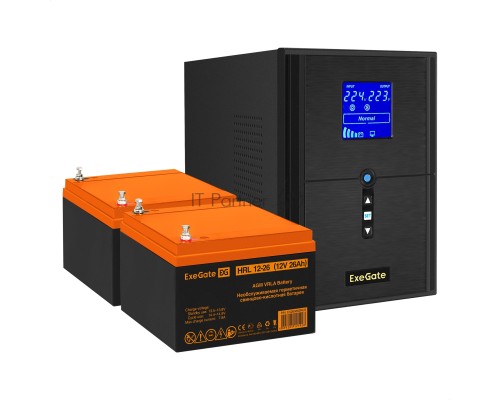 Комплект ИБП EX295989RUS + батарея 26Aч EX285663RUS 2шт (инвертор, синус, для котла) ExeGate SineTower SZ-2000.LCD.AVR.3SH.1C13.USB <2000VA/1600W, чистый синусоида, LCD дисплей, AVR, 3*Schuko+1*C13, USB, линейно-интерактивный, Black> + батарея ExeGate HR