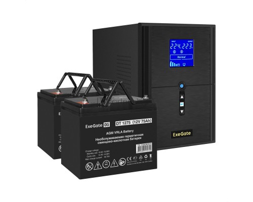 Комплект ИБП EX295989RUS + батарея 75Aч EX282983RUS 2шт (инвертор, синус, для котла) ExeGate SineTower SZ-2000.LCD.AVR.3SH.1C13.USB <2000VA/1600W, чистый синусоида, LCD дисплей, AVR, 3*Schuko+1*C13, USB, линейно-интерактивный, Black> + батарея ExeGate DT