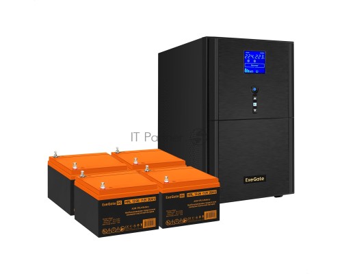 Комплект ИБП EX295990RUS + батарея 26Aч EX285663RUS 4шт (инвертор, синус, для котла) ExeGate SineTower SZ-3000.LCD.AVR.3SH.1C13.RJ.USB <3000VA/2400W, чистый синусоида, LCD дисплей, AVR, 3*Schuko+1*C13, RJ45/11, USB, линейно-интерактивный, Black> + батаре