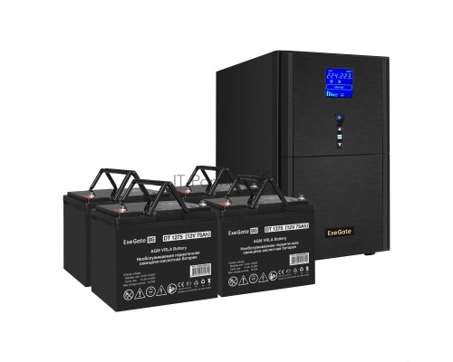 Комплект ИБП EX295991RUS + батарея 75Aч EX282983RUS 4шт (инвертор, синус, для котла) ExeGate SineTower SZ-5000.LCD.AVR.2SH.1C13.T.RJ.USB <5000VA/4000W, чистый синусоида, LCD дисплей, AVR, 2*Schuko+1*C13+клеммы, RJ45/11, USB, линейно-интерактивный, Black>