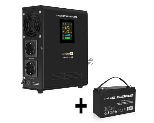 Комплект ИБП EX295996RUS + батарея 100Aч EX282985RUS 1шт (инвертор, синус, для котла, настенный) ExeGate FineSine SX-800.LCD.AVR.2SH <800VA/500W, чистая синусоида, цветной LCD-дисплей, AVR, 2*Schuko, линейно-интерактивный, крепление настенное/универсальн