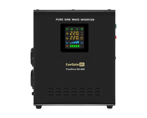 Комплект ИБП EX295996RUS + батарея 100Aч EX282985RUS 1шт (инвертор, синус, для котла, настенный) ExeGate FineSine SX-800.LCD.AVR.2SH <800VA/500W, чистая синусоида, цветной LCD-дисплей, AVR, 2*Schuko, линейно-интерактивный, крепление настенное/универсальн