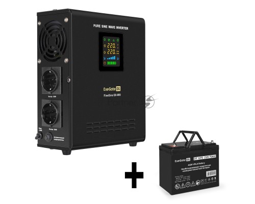 Комплект ИБП EX295996RUS + батарея 75Aч EX282983RUS 1шт (инвертор, синус, для котла, настенный) ExeGate FineSine SX-800.LCD.AVR.2SH <800VA/500W, чистая синусоида, цветной LCD-дисплей, AVR, 2*Schuko, линейно-интерактивный, крепление настенное/универсально
