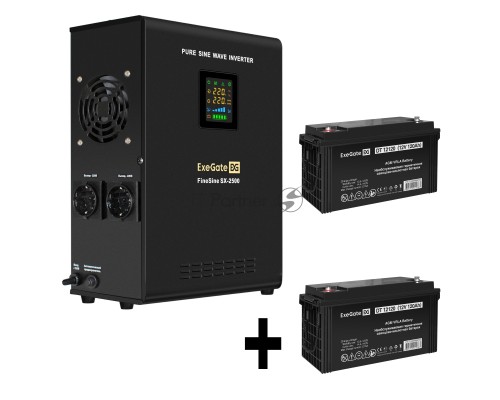 Комплект ИБП EX296002RUS + батарея 120Aч EX282988RUS 2шт (инвертор, синус, для котла, настенный) ExeGate FineSine SX-2500.LCD.AVR.2SH <2500VA/1800W, чистая синусоида, цветной LCD-дисплей, AVR, 2*Schuko, линейно-интерактивный, крепление настенное/универса