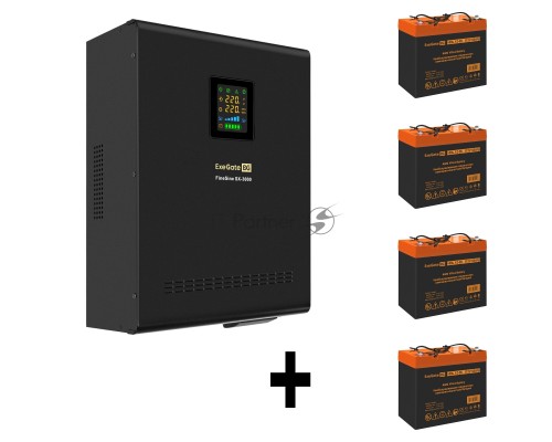 Комплект ИБП EX296003RUS + батарея 55Aч EX285652RUS 4шт (инвертор, синус, для котла, настенный) ExeGate FineSine SX-3000.LCD.AVR.2SH.T <3000VA/2100W, чистая синусоида, цветной LCD-дисплей, AVR, 2*Schuko+клеммы, линейно-интерактивный, крепление настенное,
