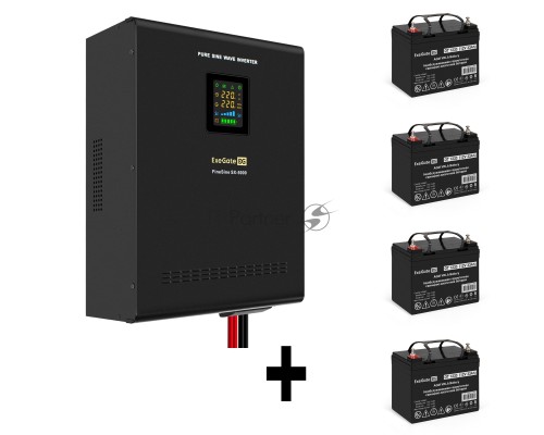 Комплект ИБП EX296004RUS + батарея 33Aч EX282974RUS 4шт (инвертор, синус, для котла, настенный) ExeGate FineSine SX-5000.LCD.AVR.2SH.T <5000VA/3500W, чистая синусоида, цветной LCD-дисплей, AVR, 2*Schuko+клеммы, линейно-интерактивный, крепление настенное,