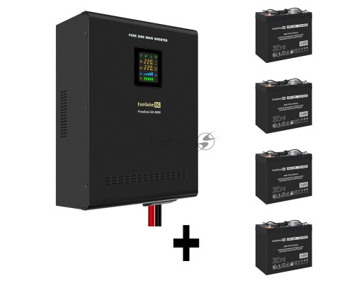Комплект ИБП EX296004RUS + батарея 55Aч EX285667RUS 4шт (инвертор, синус, для котла, настенный) ExeGate FineSine SX-5000.LCD.AVR.2SH.T <5000VA/3500W, чистая синусоида, цветной LCD-дисплей, AVR, 2*Schuko+клеммы, линейно-интерактивный, крепление настенное,