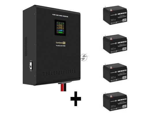 Комплект ИБП EX296005RUS + батарея 26Aч EX282970RUS 4шт (инвертор, синус, для котла, настенный) ExeGate FineSine SX-7000.LCD.AVR.2SH.T <7000VA/5000W, чистая синусоида, цветной LCD-дисплей, AVR, 2*Schuko+клеммы, линейно-интерактивный, крепление настенное,